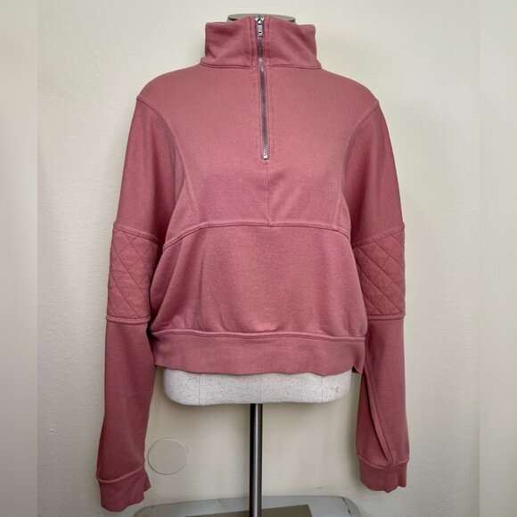 WILD FABLE Pink Half-Zip Cropped Pullover Sweatshirt With Quilted Sleeve Size M - Picture 2 of 9